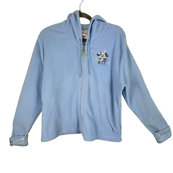 Disney Store Blue Full Zip Hooded Winter Themed Mickey Minnie Fleece Size L - Picture 1 of 11